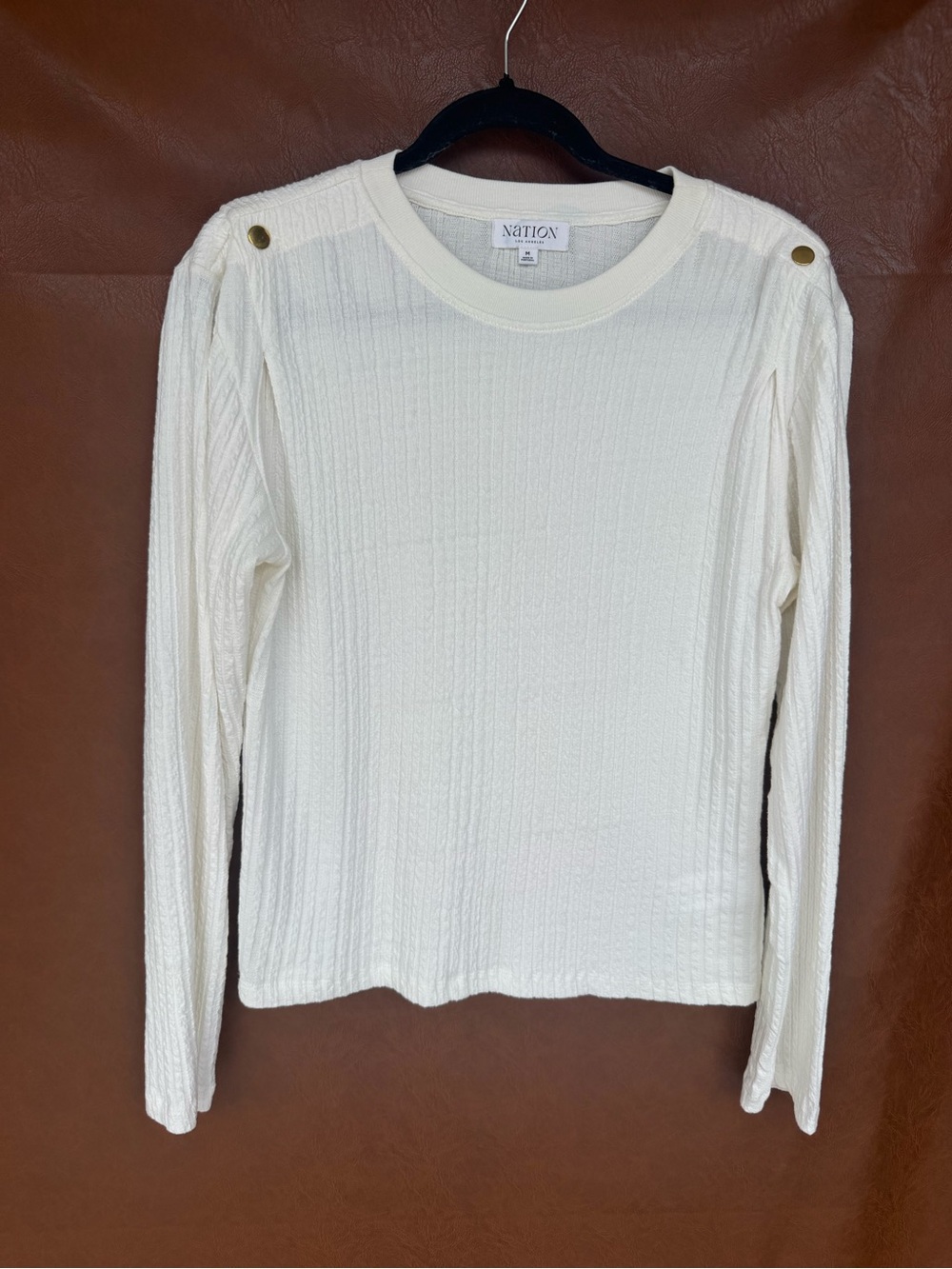 Nation LTD Women’s Medium Ivory Textured Long Sleeve Top Gold Button Portugal